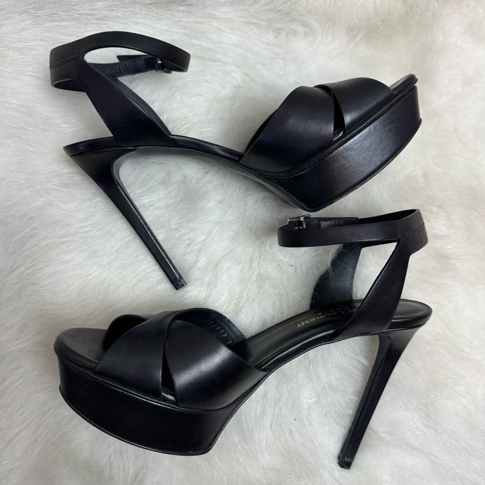 Authentic Saint Laurent Bianca Platform Criss Cross Leather Ankle Strap Heels - Picture 5 of 9
